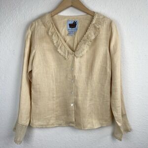 In The Wash 6 M Linen Blouse Beige Ruffle Cottage Core Peasant Button Front